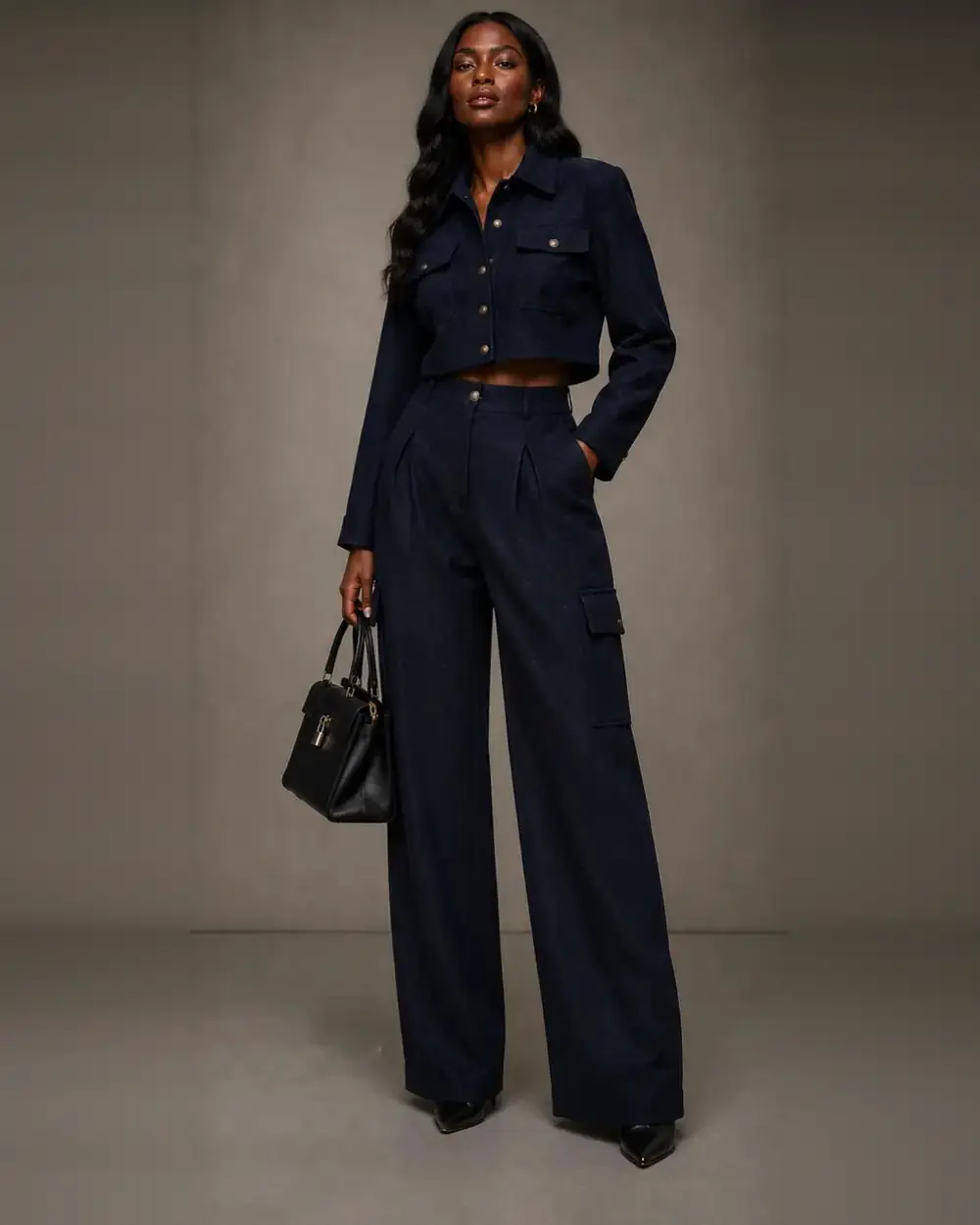 Wool melton cropped jacket and tailored cargo trousers