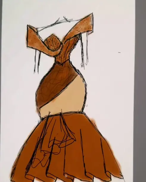 Hand-drawn sketch of an off-shoulder gown in brown tones